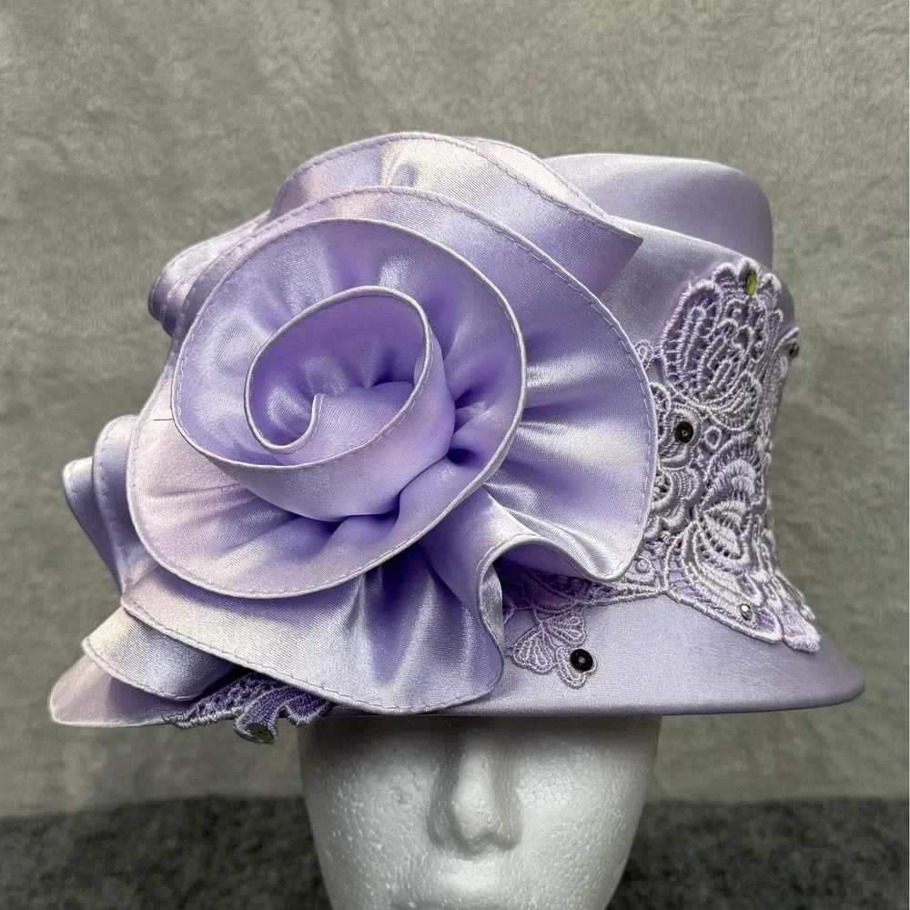 Mr. Hi's Classic Hat Cloche Womens Purple Satin Ruffle Sequin Derby Party Church